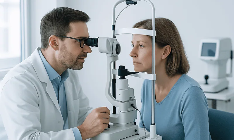 Ophthalmologist examining a woman's eye with a slit lamp in a clinic.
