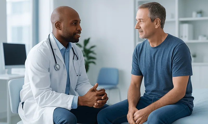 Doctor consulting with a patient in a modern medical office.