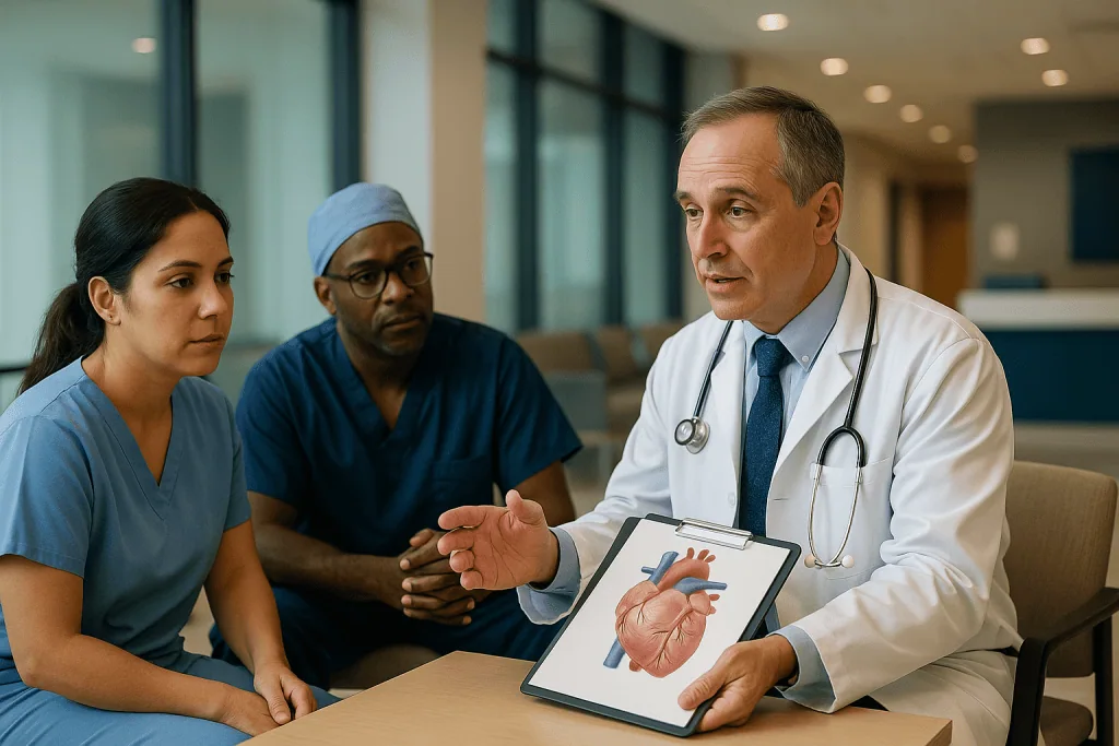 Cardiologist discussing heart anatomy with medical staff: Who is the heart team, and how do they decide?