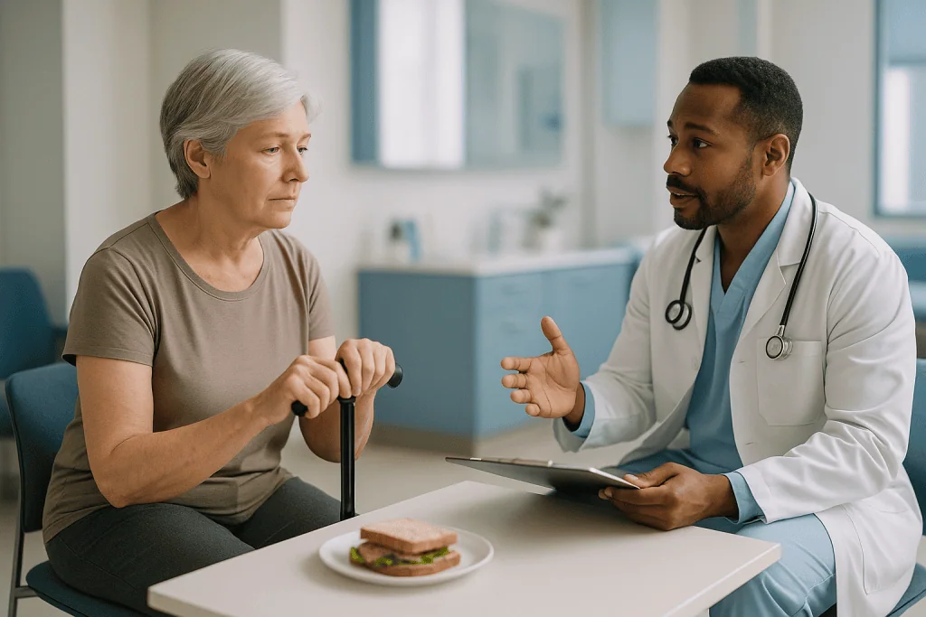 Doctor consulting with elderly female patient at desk: Who is the spinal cord stimulation procedure usually for, and who is 