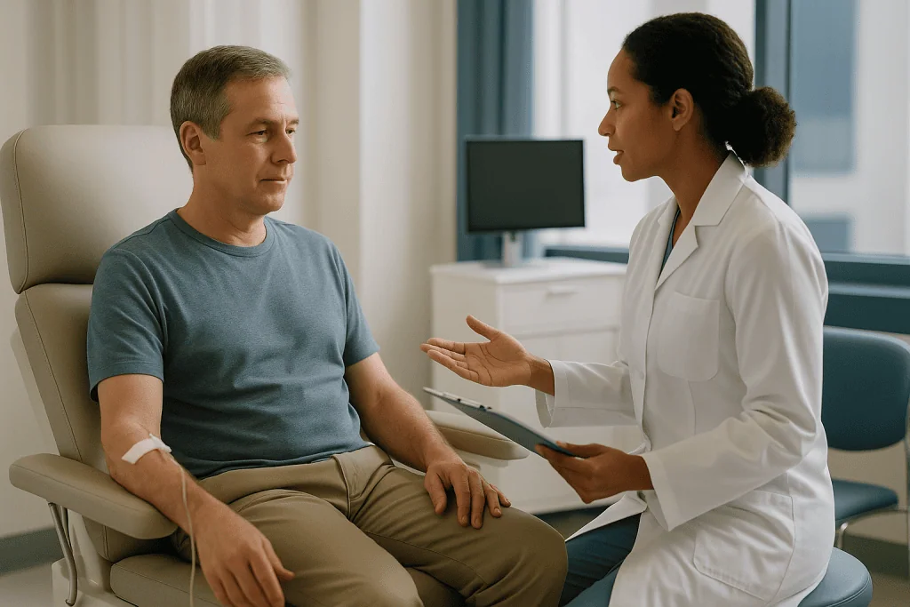 Doctor consulting with patient in clinical office setting: Who is therapeutic phlebotomy usually for, and who is asked to wa