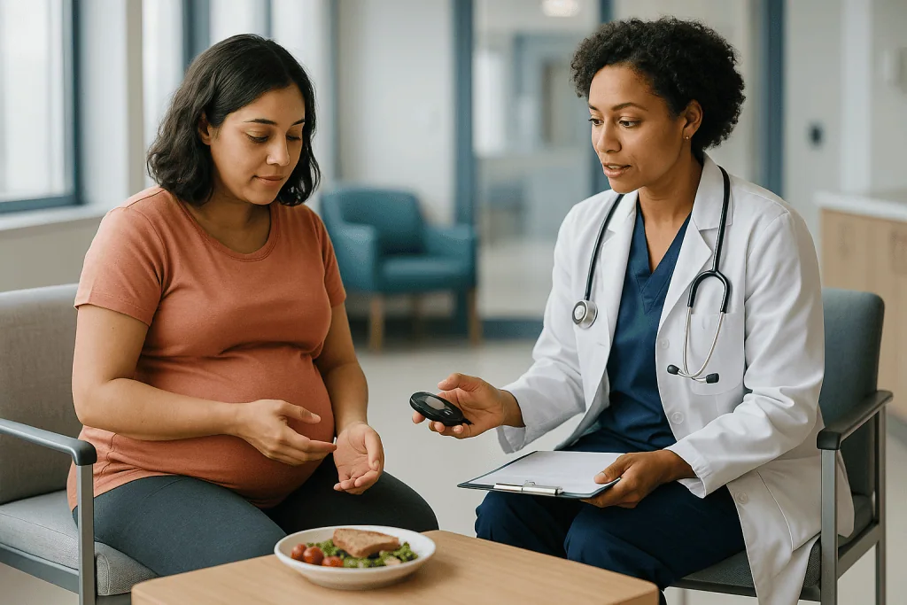 Pregnant woman consulting with doctor about nutrition — Who is this gestational diabetes diet plan for, and who is asked to h