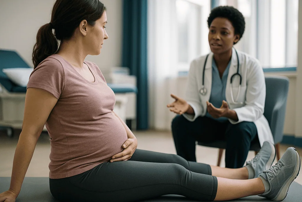 Pregnant woman consulting with female physician in clinic: Who is this surgery usually for, and who is usually asked to wait