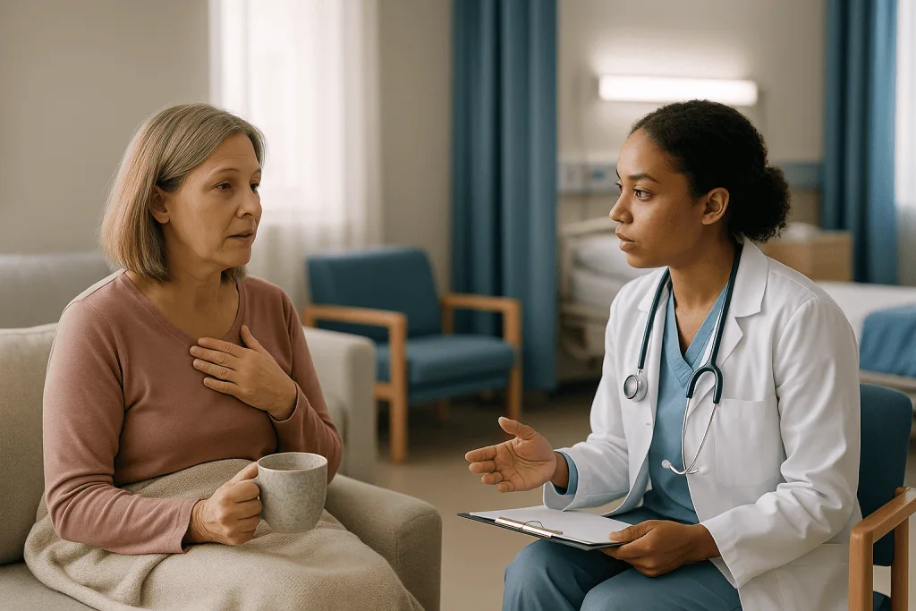 Doctor consulting with patient in hospital room: Who is treated at home, who is admitted, and who is asked to wait on antibi