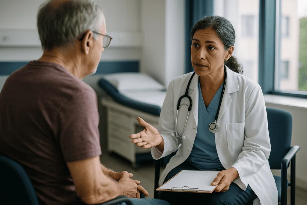 Doctor consulting with elderly male patient in clinic: Who is treated straight away, and who is usually asked to wait?