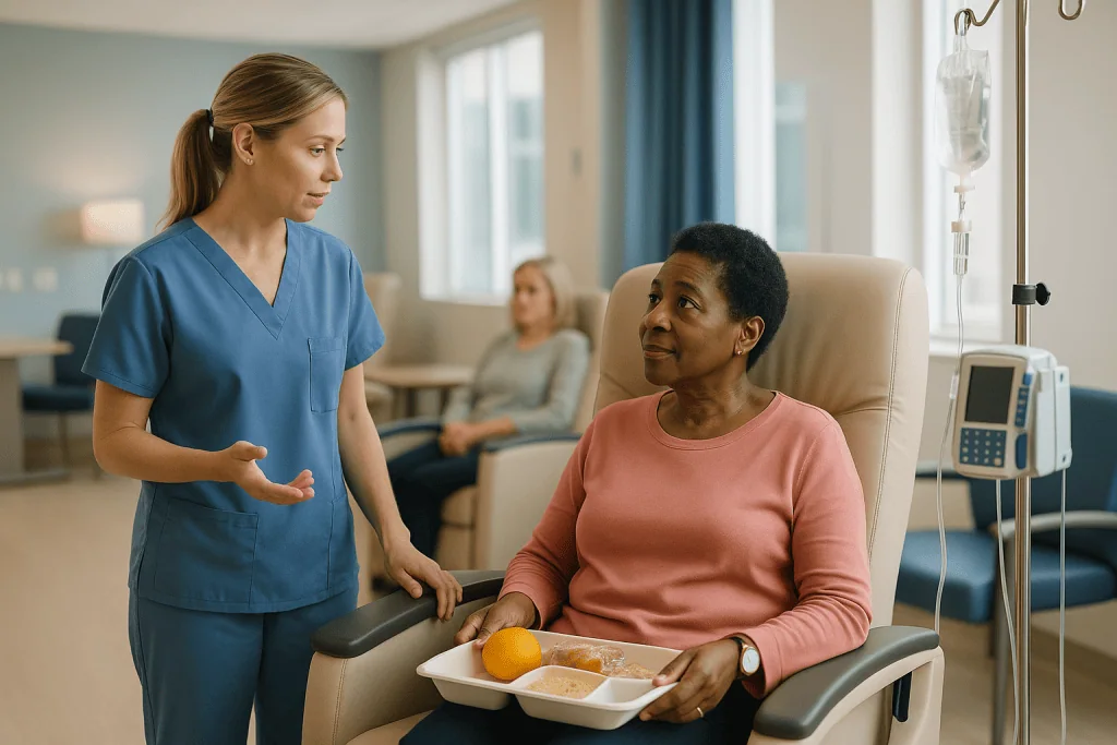 Healthcare worker speaking with patient holding food tray: Who is treated today, and who is usually asked to wait