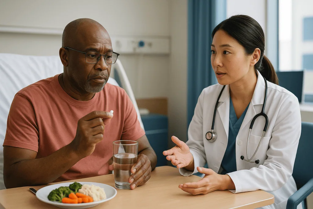 Doctor consulting patient during meal with vegetables: Who is treated with antibiotics alone, and who is asked to wait for d