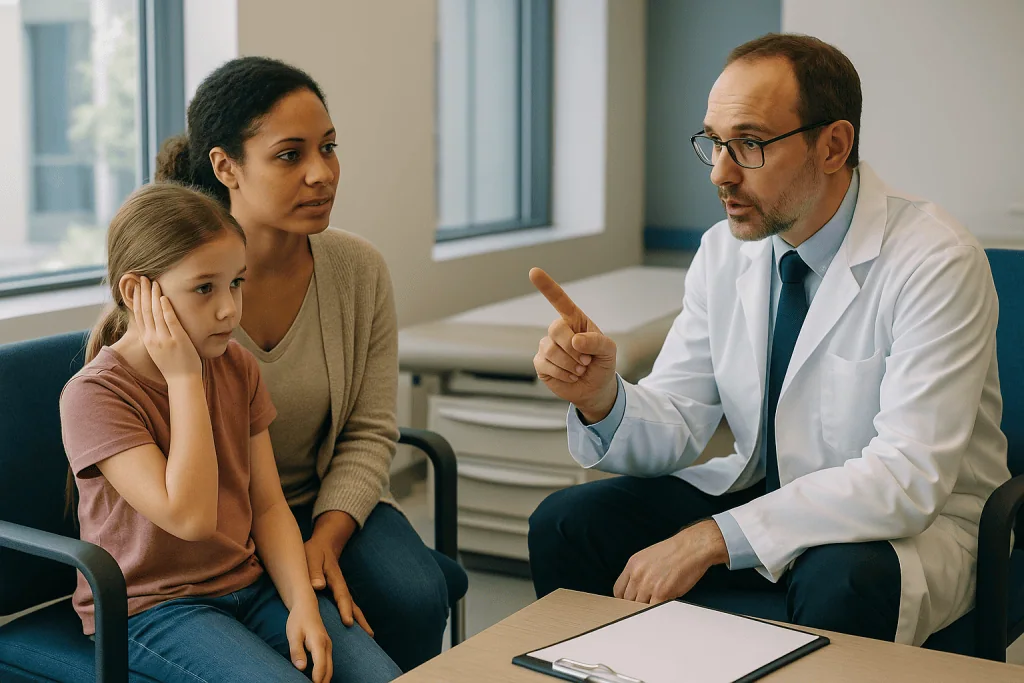 Doctor consulting with mother and child patient: Who is tympanoplasty usually for, and who is asked to wait?