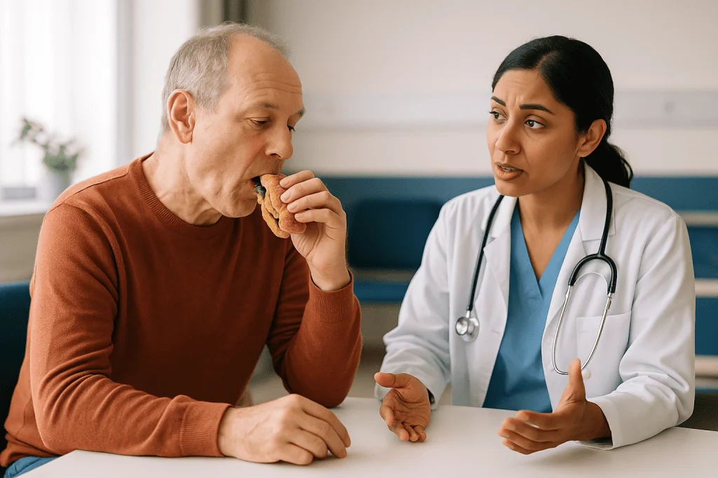 Doctor consultation with patient eating a sandwich: Who is usually a candidate, and who is asked to wait