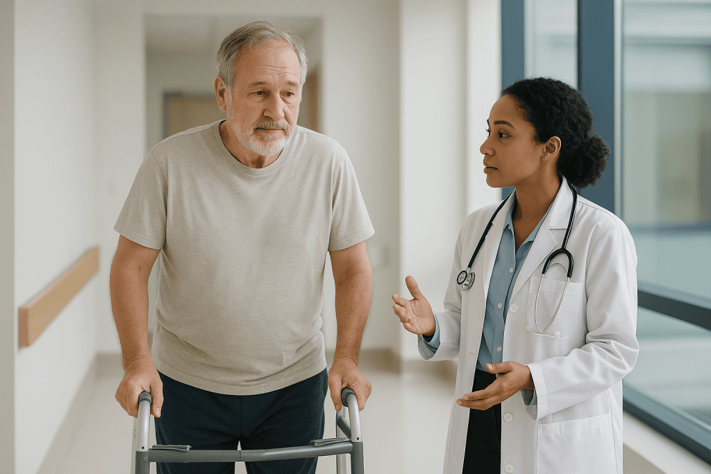 Older male patient with walker consulting female doctor in hospital corridor: Who is usually a candidate, and who is asked t
