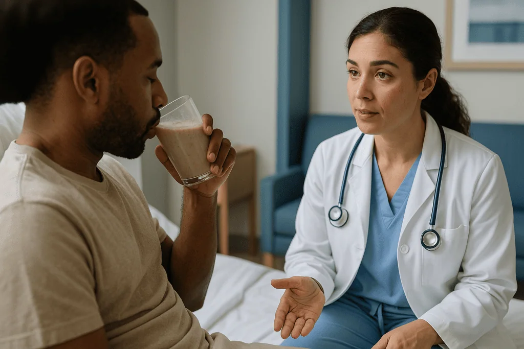 Doctor consultation with patient drinking beverage: Who is usually a candidate, and who is usually asked to wait
