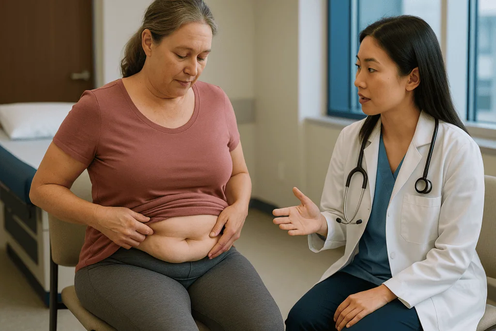 Doctor consulting patient about abdominal area post-surgery: Who is usually a candidate for reverse abdominoplasty, and who 