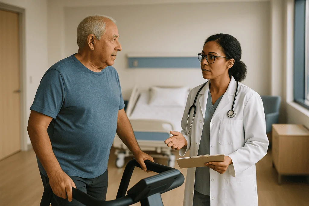 Doctor consulting with patient in hospital room: Who is usually a candidate for robotic heart surgery, and who is asked to w