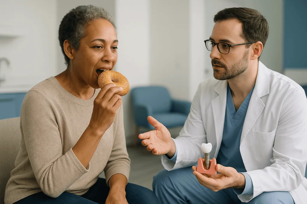 Dentist consulting patient eating donut, holding implant model — Who is usually a good candidate, and who is asked to wait