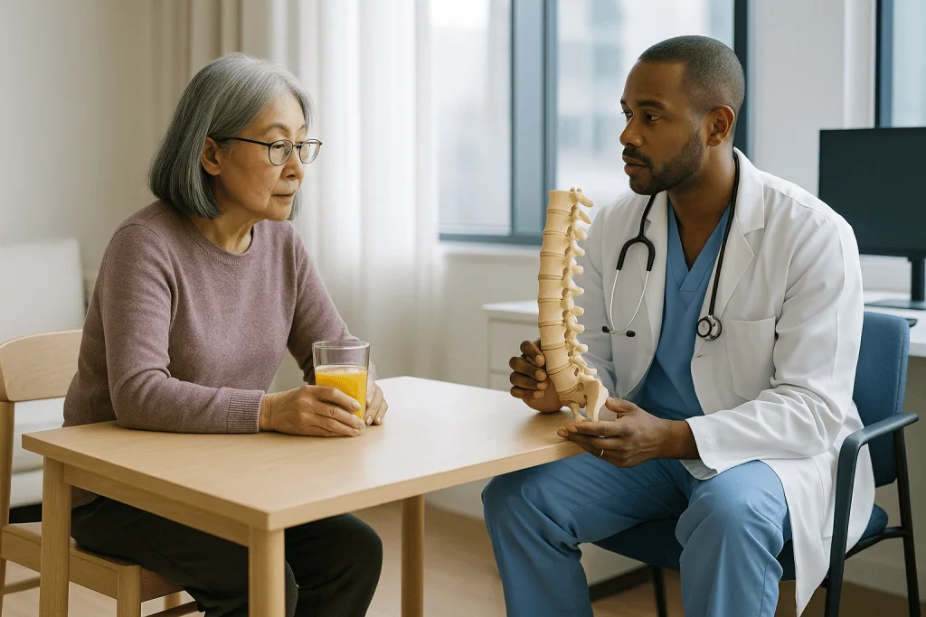 Doctor showing spine model to senior female patient: Who is usually a good candidate, and who is usually asked to wait