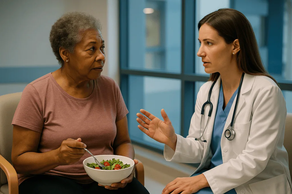 Doctor consulting patient about healthy eating diet: Who is usually a good robotic cardiac surgery candidate, and who is ask