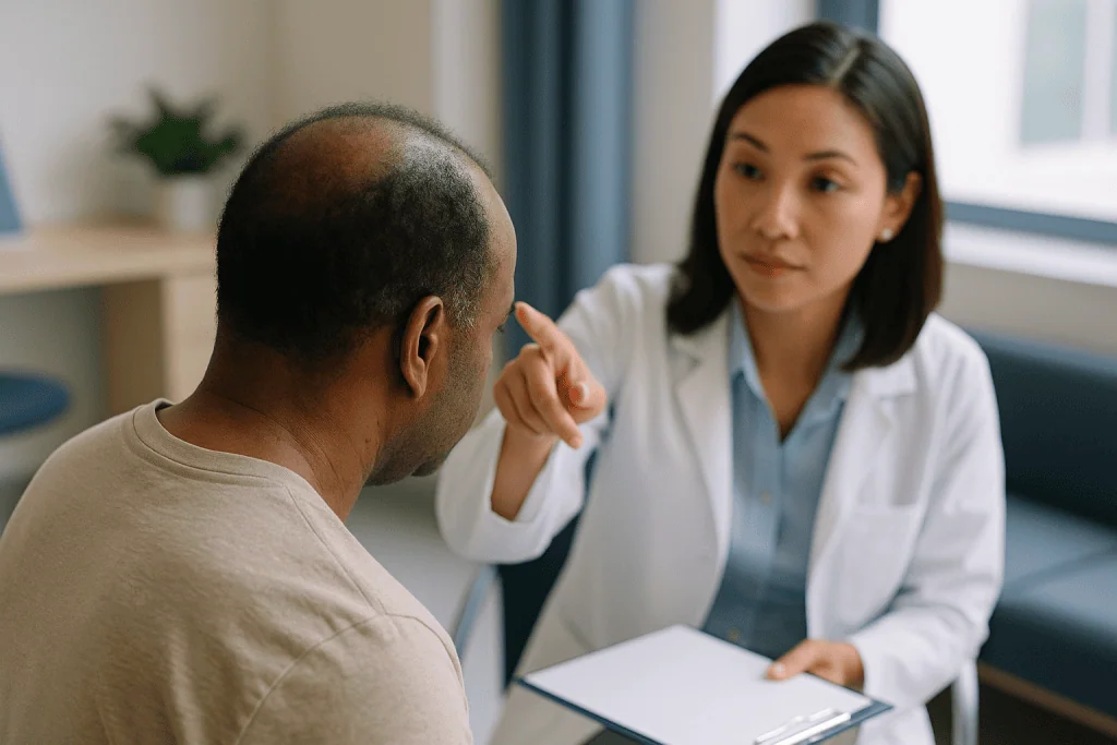 Doctor consulting patient in general medical office setting: Who is usually a robotic hair surgery candidate?