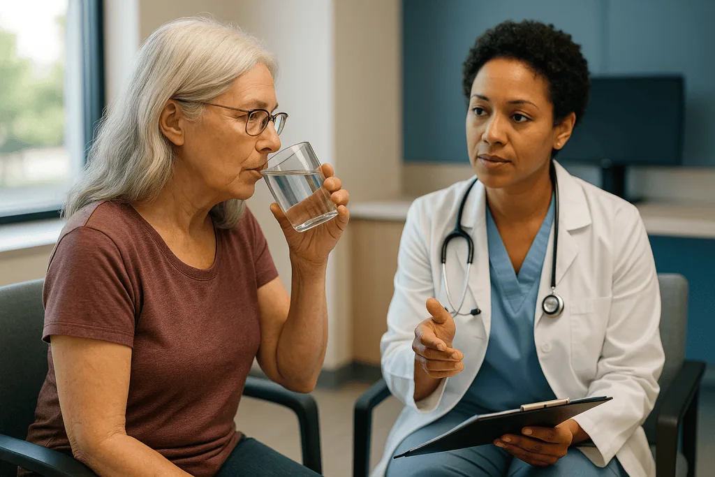 Doctor consultation with patient drinking water: Who is usually among peripheral nerve surgery candidates, and who is asked 
