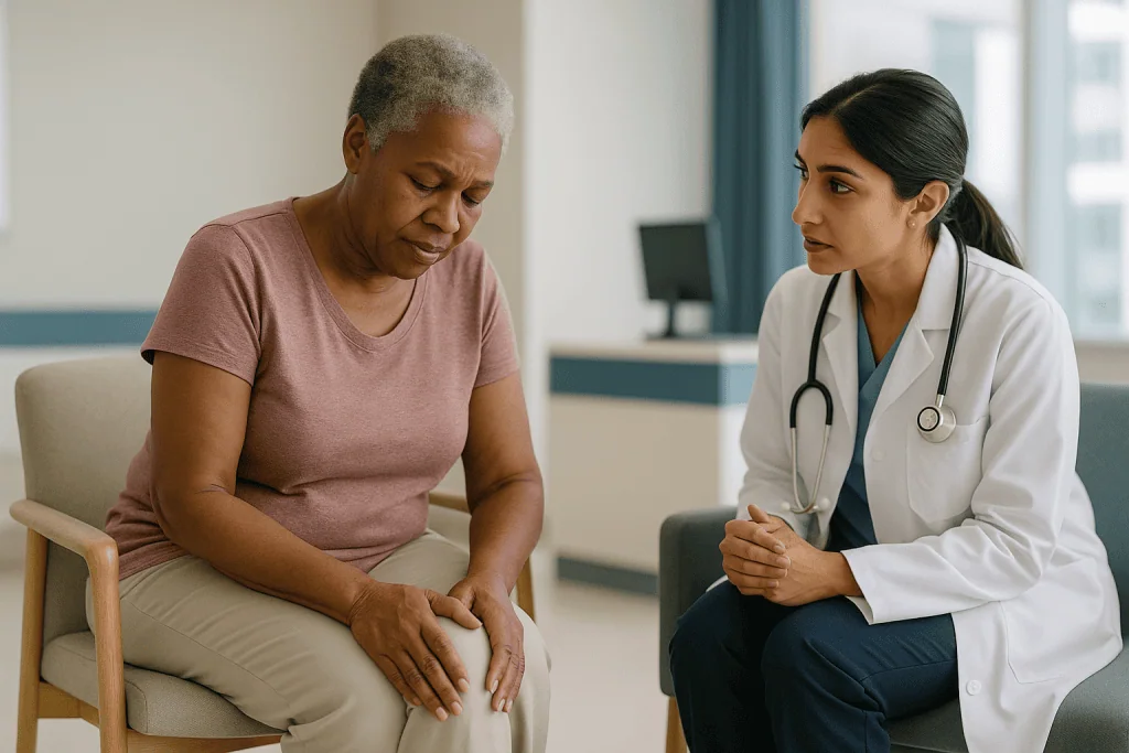 Doctor consulting with older adult patient in clinic: Who is usually among proximal fibular osteotomy candidates?