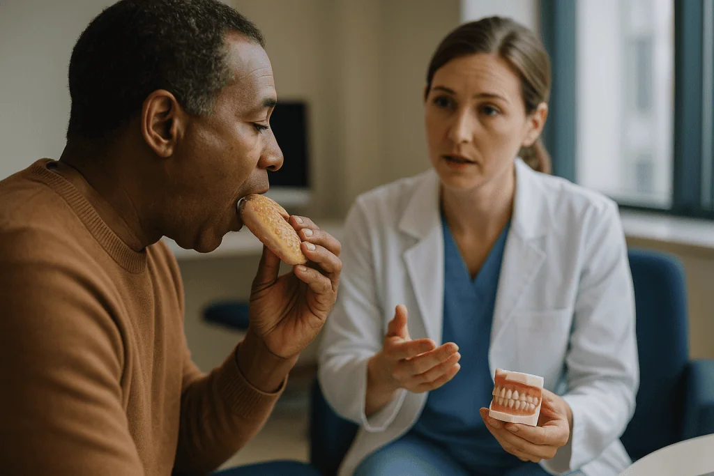 Patient eating bread while dentist holds teeth model: Who is usually an e max crown candidate, and who is usually asked to w