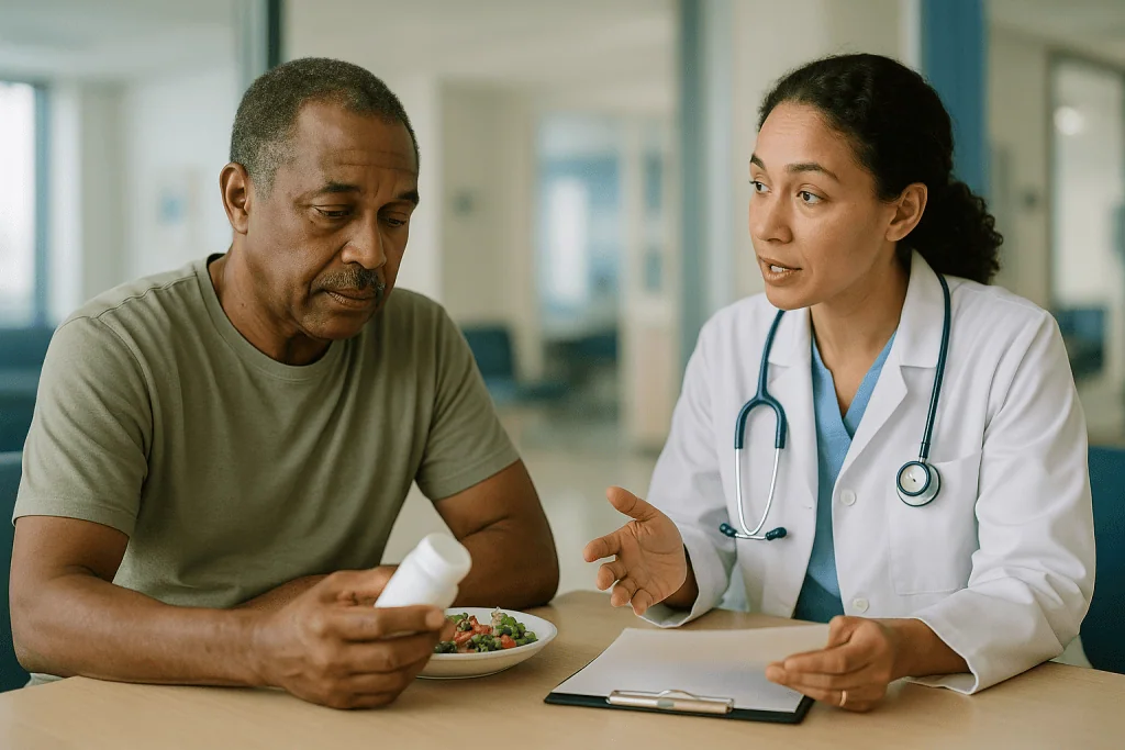 Doctor consulting patient about medication with salad present: Who is usually asked to check first, and who is asked to wait