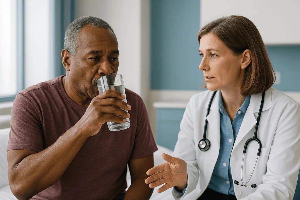 Doctor consulting with male patient about hydration: Who is usually asked to drink more, and who is asked to hold back