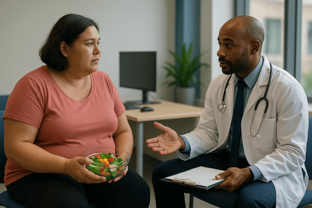 Doctor consulting patient holding salad bowl: Who is usually asked to follow the diet, and who is asked to wait