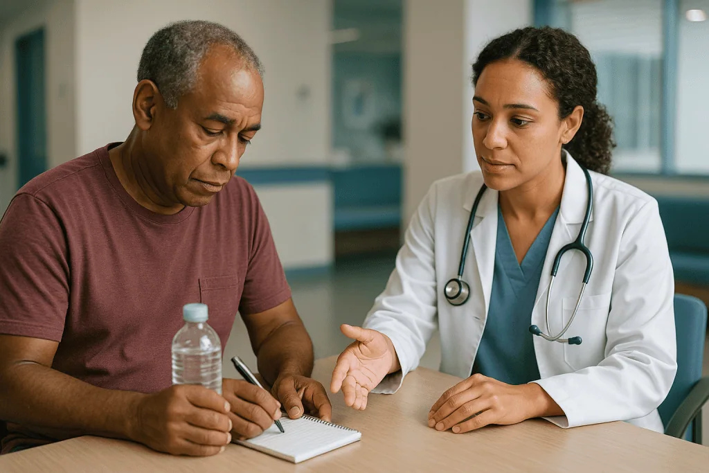 Doctor consulting patient at desk with water bottle: Who is usually asked to keep a log, and who is asked to wait?