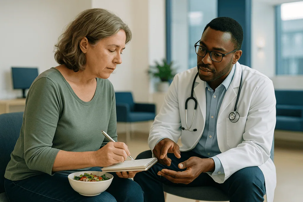Doctor consulting patient with notebook, food bowl visible: Who is usually asked to keep one, and who should not wait for th