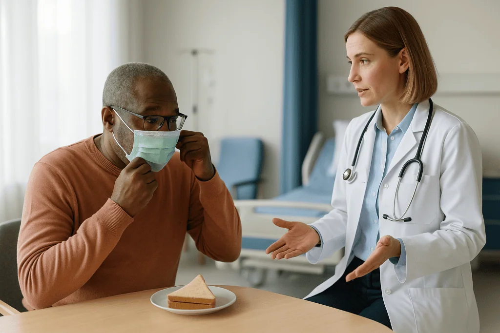 Doctor consulting patient with cough symptoms in clinic: Who is usually asked to take the strictest precautions, and who can