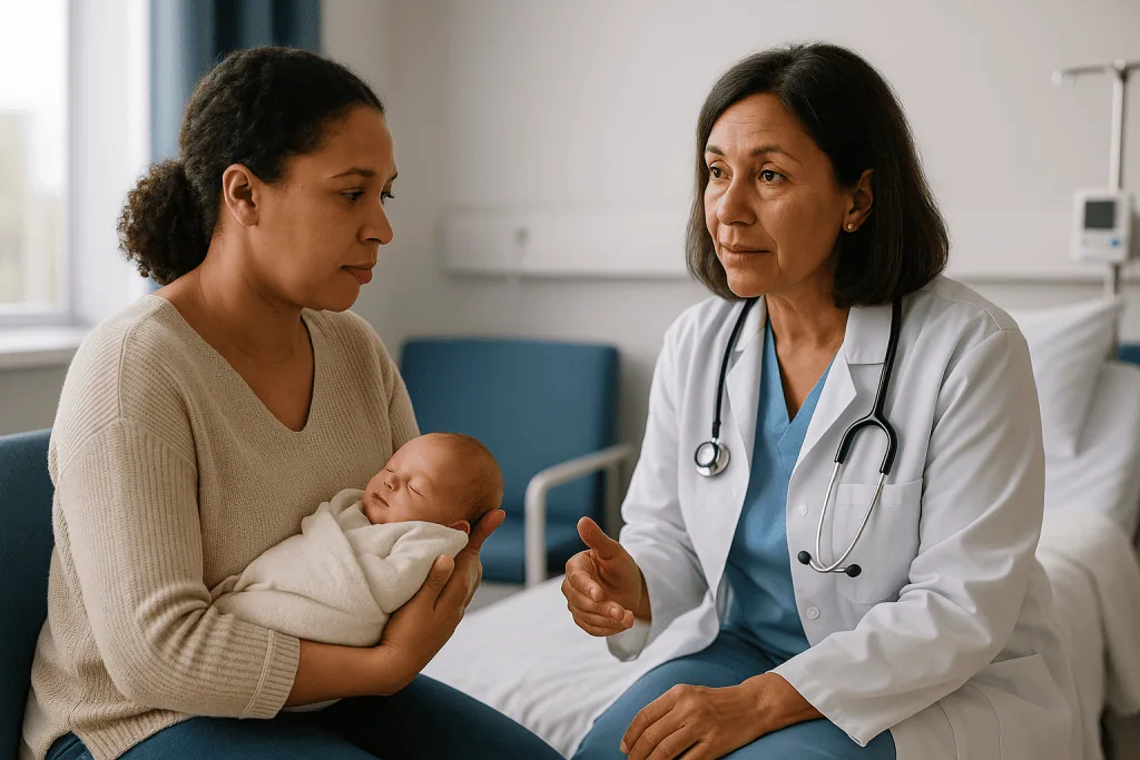 Doctor consulting with mother holding newborn baby: Who is usually asked to wait, and who does not need screening?