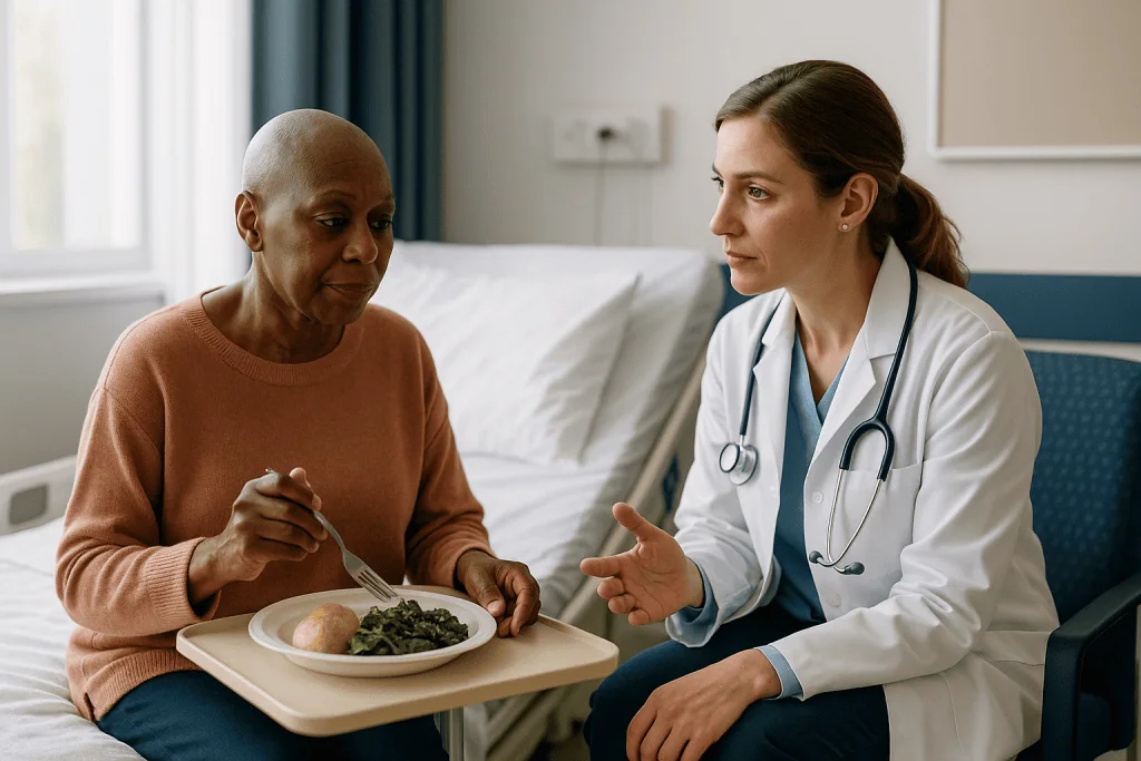 Doctor discussing nutrition with patient in hospital room: Who is usually asked to wait, and who is usually not offered one