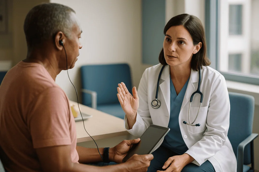 Doctor consulting with male patient using tablet: Who is usually asked to wait, and who is watched more closely