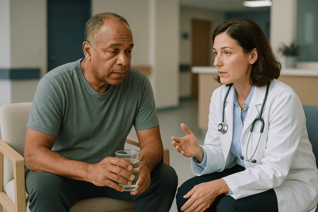 Doctor consulting with adult male patient in clinic: Who is usually asked to wait, and who may be reconsidered