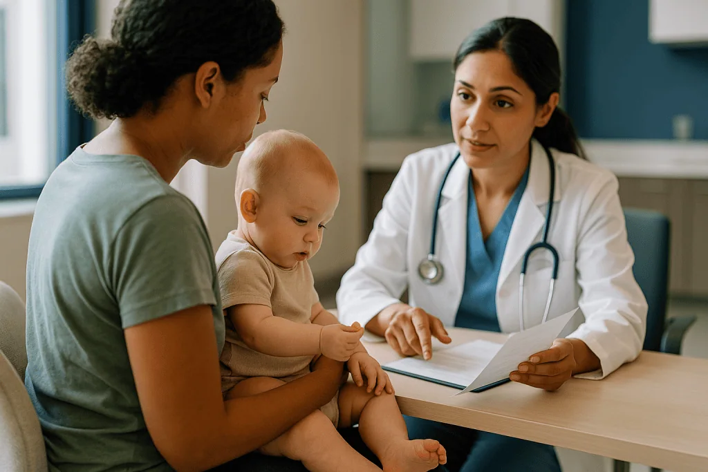 Mother and infant at pediatric medical consultation: Who is usually asked to wait, and why?