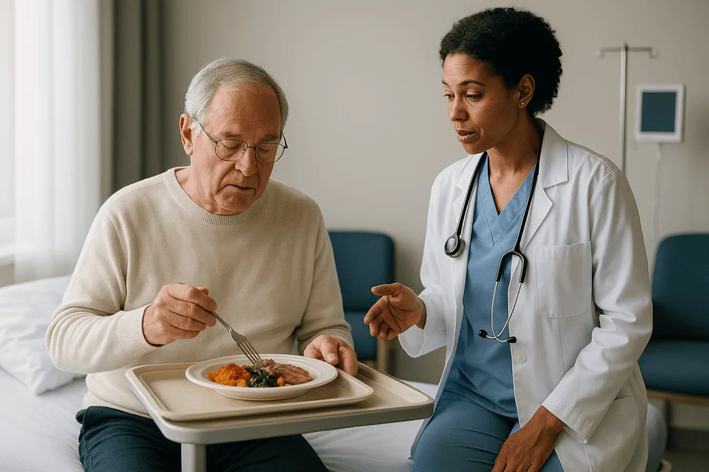 Doctor discussing meal with elderly patient in hospital: Who is usually asked to wait, or to plan a longer stay
