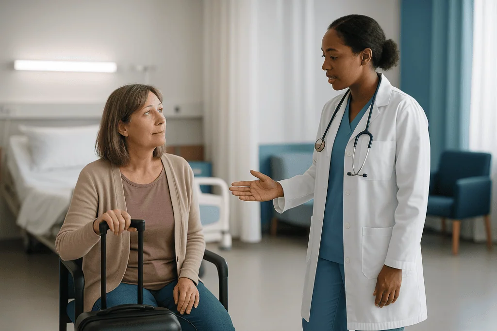 Doctor consulting with patient in hospital room: Who is usually cleared to fly, and who is usually asked to wait