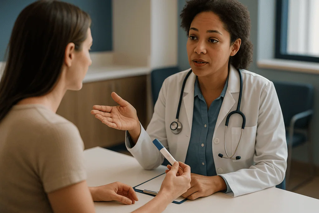 Doctor discussing test results with female patient: Who is usually cleared to try sooner, and who is usually asked to wait