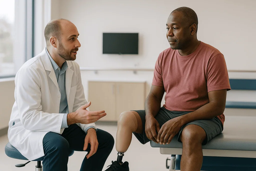 Doctor consulting patient with prosthetic leg in clinic: Who is usually fitted first, and who is usually asked to wait