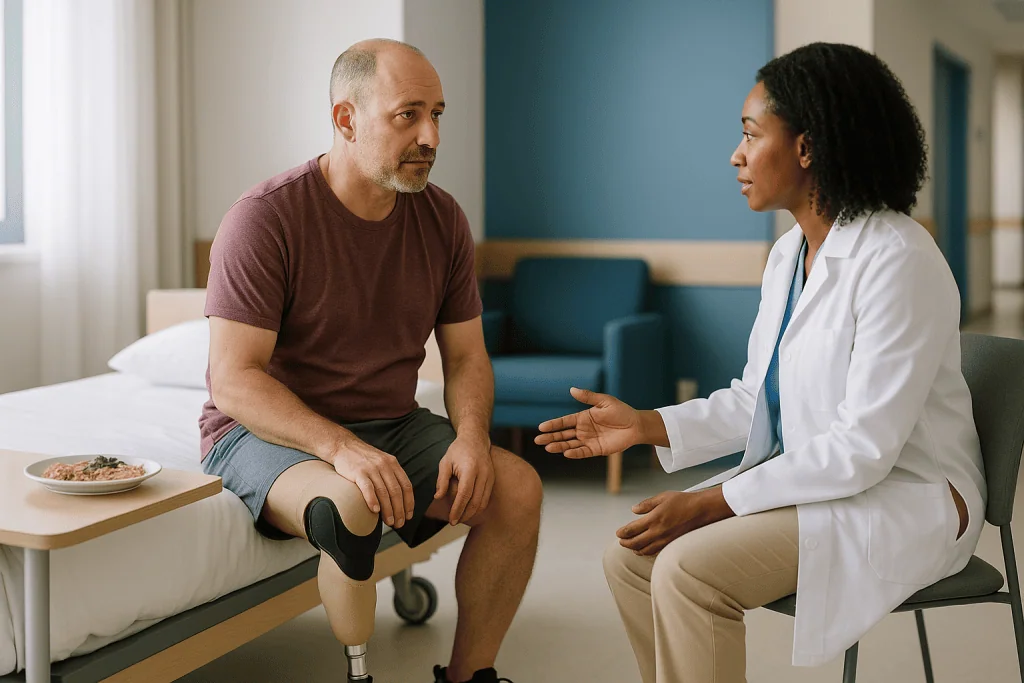 Doctor consulting with patient wearing prosthetic leg: Who is usually fitted with a prosthesis, and who is asked to wait