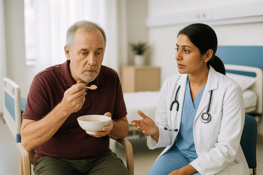 Doctor consulting patient with soup bowl: Who is usually fitted with a prosthetic eye, and who is asked to wait