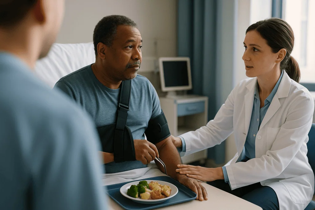 Medical consultation with patient wearing shoulder brace during meal: Who is usually moved early, and who is asked to wait?