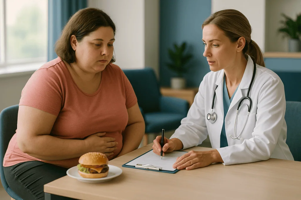 Doctor consulting obese patient about weight management options: Who is usually offered a balloon, who a sleeve, and who is 