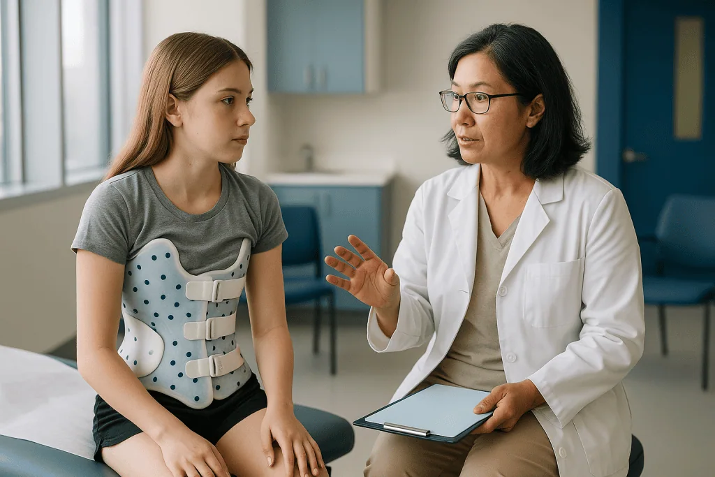 Doctor consulting adolescent patient wearing orthopedic back brace: Who is usually offered a brace, and who is asked to wait