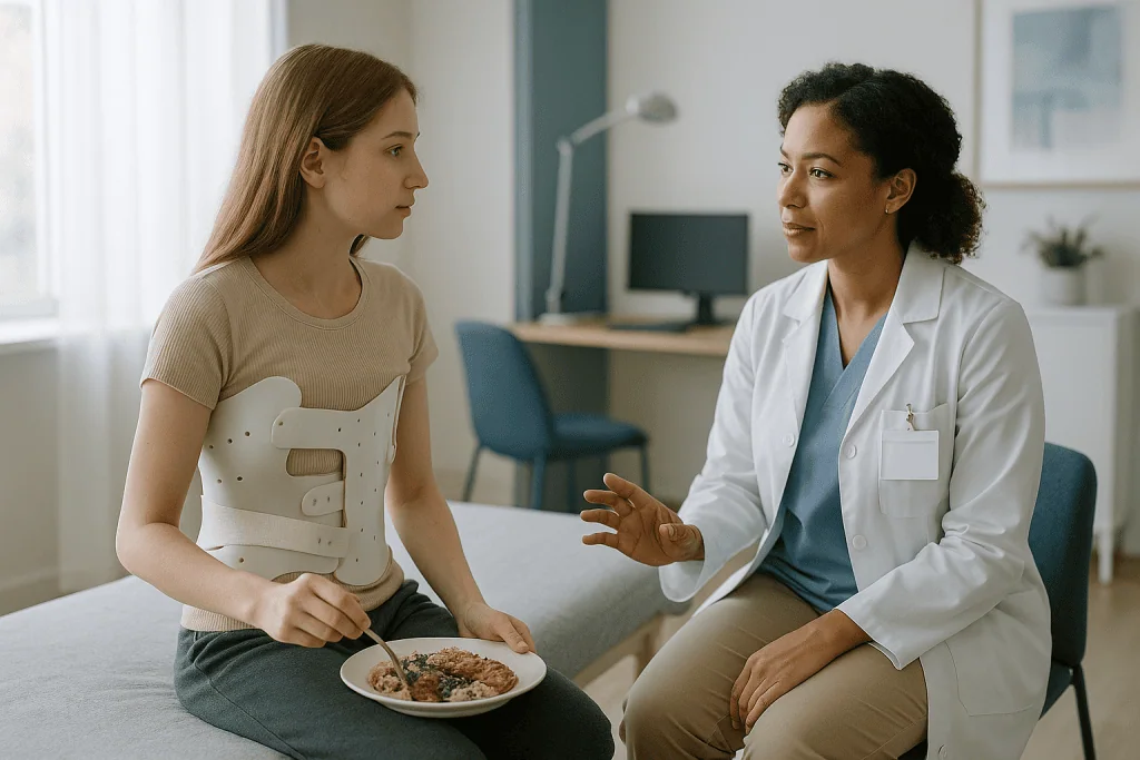 Doctor consulting patient with food plate present: Who is usually offered a brace, and who is usually asked to wait