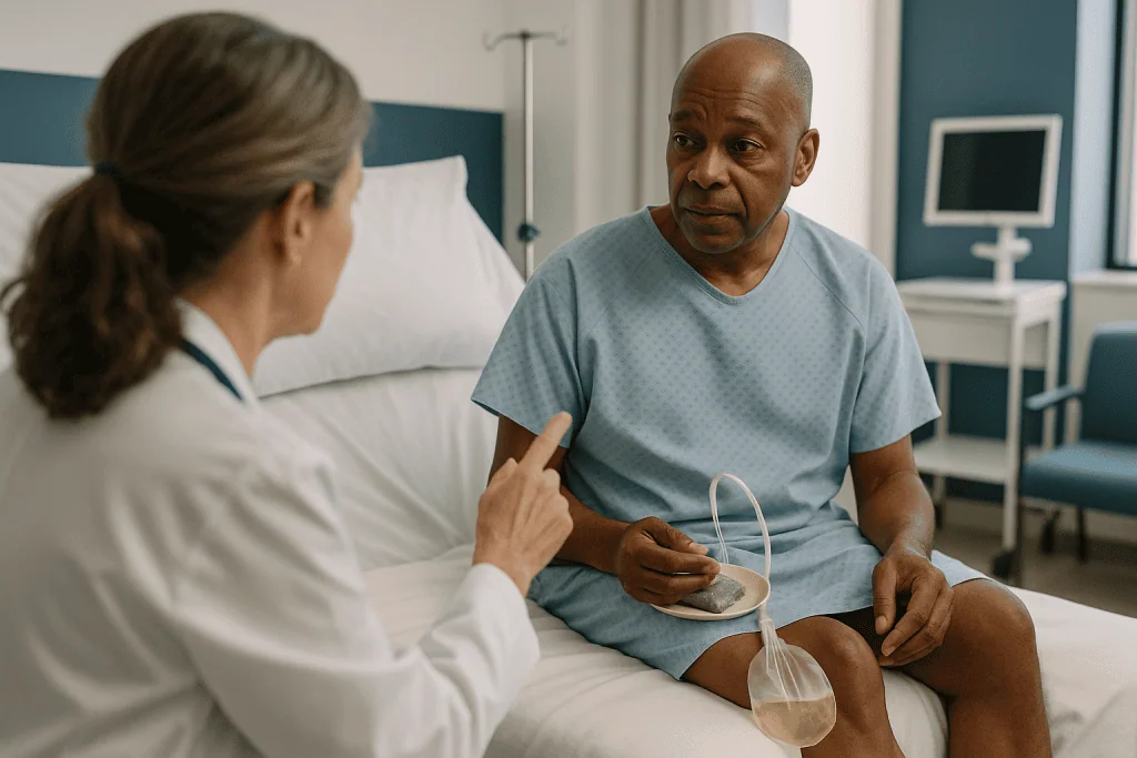 Doctor consulting patient with urinary catheter drainage bag: Who is usually offered a catheter for urinary retention and wh