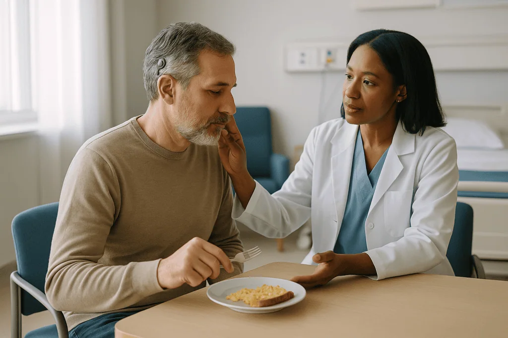 Doctor consulting patient during meal in clinical setting: Who is usually offered a cochlear implant, and who is asked to wa
