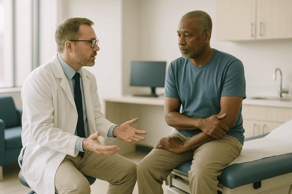 Doctor having consultation with male patient in clinic: Who is usually offered a cortisone shot for bursitis, and who is ask