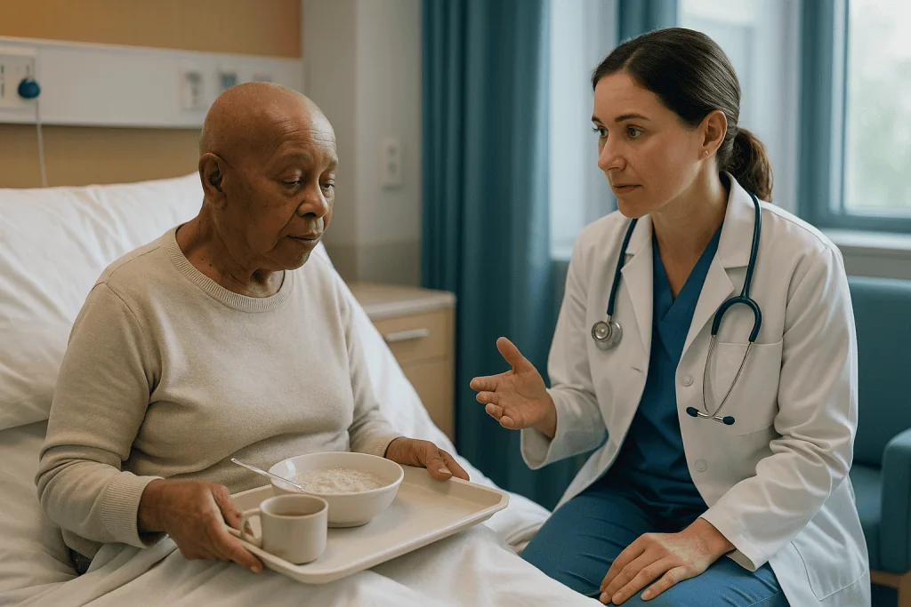 Doctor consulting elderly patient during meal in hospital room: Who is usually offered a craniotomy, and who is asked to wai