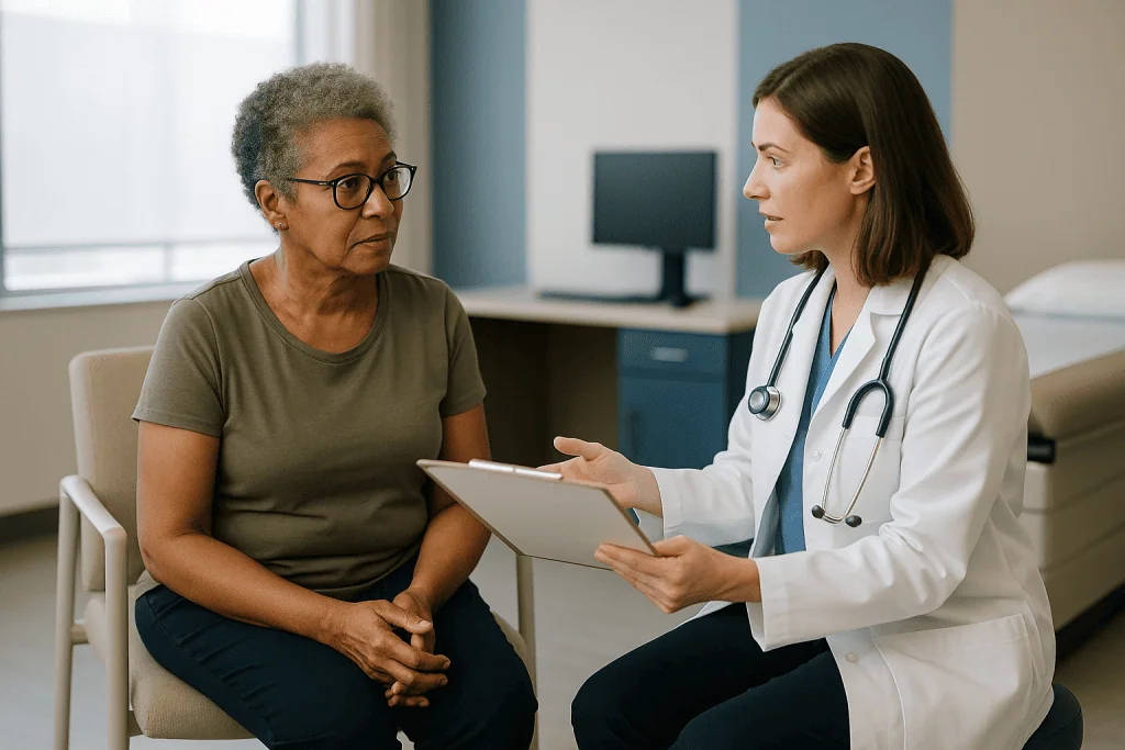 Doctor consulting with patient using tablet in clinic: Who is usually offered a cystoscopy, and who is often asked to wait?